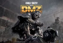 A masked operator crouches in the rain with two armed soldiers behind him beneath the Call of Duty Modern Warfare 4 DMZ logo.