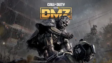 A masked operator crouches in the rain with two armed soldiers behind him beneath the Call of Duty Modern Warfare 4 DMZ logo.