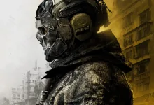 A masked soldier in dark tactical gear against a split white-and-yellow urban backdrop.
