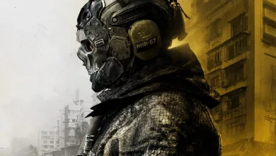 A masked soldier in dark tactical gear against a split white-and-yellow urban backdrop.