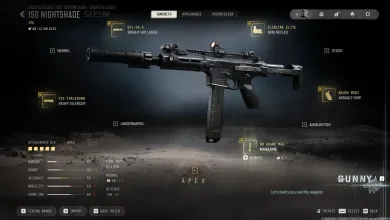The ISO Nightshade submachine gun in the Gunsmith with a heavy silencer, hip laser, mini reflex optic, assault grip, and 40-round magazine equipped.