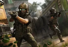 Two armed operators move through a sunlit urban map beside a train in Call of Duty: Modern Warfare 4.