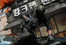 An armed operator crouches on a car in a city scene from Call of Duty: Modern Warfare 4, with the Official PlayStation Podcast logo in the corner.