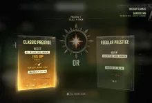 The Prestige 1 screen compares Classic Prestige, which resets level unlocks, with Regular Prestige, which keeps them.