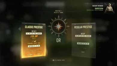 The Prestige 1 screen compares Classic Prestige, which resets level unlocks, with Regular Prestige, which keeps them.