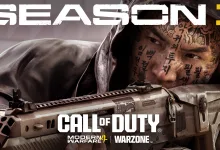 A hooded, tattooed operator holds a rifle in front of large Season 1 lettering.