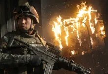 A Call of Duty: Modern Warfare 4 soldier holds a rifle near a burning building