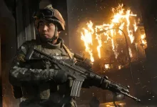 A Modern Warfare 4 soldier holds a rifle in front of a burning city street.