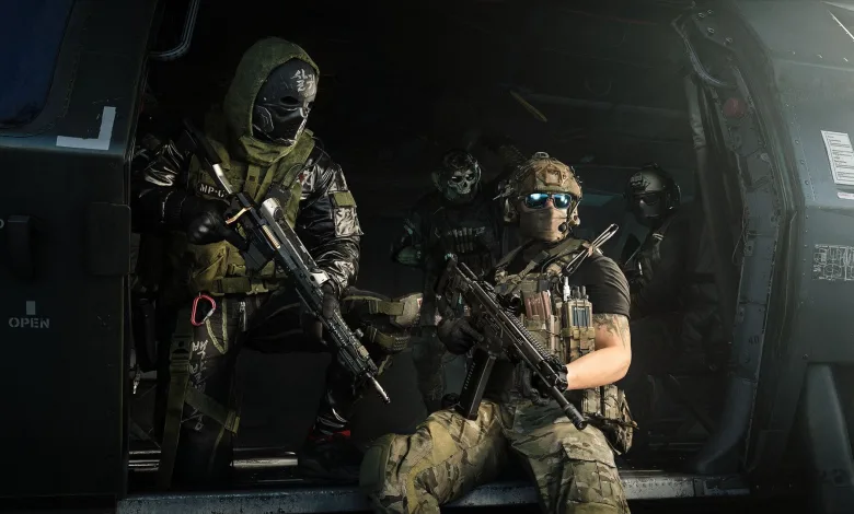 Armed operators sit inside a helicopter in Call of Duty: Modern Warfare 4 artwork.