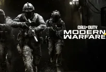 Three armed Modern Warfare operators advance through a dark battlefield beside the game logo.