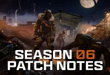 Armored operators on a moonlit battlefield beneath the words Season 06 Patch Notes.