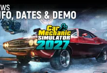 A red muscle car in a repair garage beneath the Car Mechanic Simulator 2027 logo.