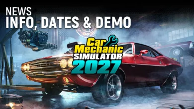 A red muscle car in a repair garage beneath the Car Mechanic Simulator 2027 logo.