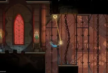 Rose Belmont swings from her glowing whip between platforms inside a gothic room in Castlevania: Belmont's Curse.