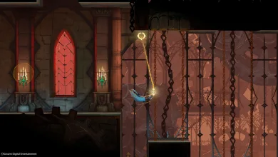 Rose Belmont swings from her glowing whip between platforms inside a gothic room in Castlevania: Belmont's Curse.