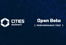 Cities: Skylines II logo beside the words “Open Beta” and “Performance Test” on a dark blue map-pattern background