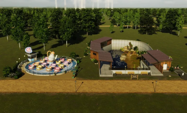 A teacup ride and animal habitat sit beside a path in a tree-filled Cities: Skylines II park.