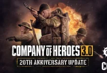 Three World War II soldiers pose with a rifle in front of an explosion in Company of Heroes 3 update artwork.