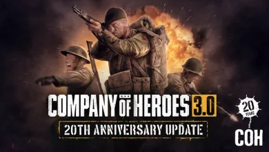 Three World War II soldiers pose with a rifle in front of an explosion in Company of Heroes 3 update artwork.