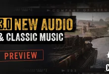 A Company of Heroes 3 tank on a battlefield beside a graphic identifying the 3.0 audio and classic music preview.