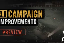Aerial Company of Heroes 3 battlefield scene beneath a campaign improvements preview graphic.