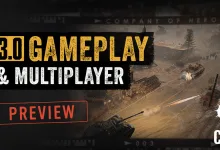 Company of Heroes 3 battlefield artwork with a tank and soldiers, alongside a graphic identifying the 3.0 gameplay and multiplayer preview.