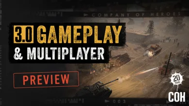 Company of Heroes 3 battlefield artwork with a tank and soldiers, alongside a graphic identifying the 3.0 gameplay and multiplayer preview.