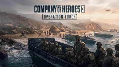 Allied soldiers in landing craft approach a North African beach in Company of Heroes 3: Operation Torch artwork.