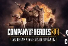 Three soldiers pose with weapons against an explosion beneath Company of Heroes 3.0 update lettering.