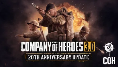 Three soldiers pose with weapons against an explosion beneath Company of Heroes 3.0 update lettering.