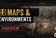 Company of Heroes 3 battlefield with infantry and tracer fire beneath a 3.0 Maps & Environments Preview graphic.