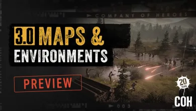 Company of Heroes 3 battlefield with infantry and tracer fire beneath a 3.0 Maps & Environments Preview graphic.