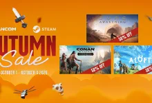 Funcom and Steam Autumn Sale graphic showing Conan Exiles Enhanced at 50% off from October 1 to October 8, 2026, alongside other discounted games.