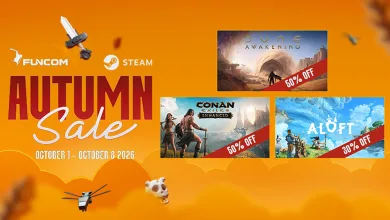 Funcom and Steam Autumn Sale graphic showing Conan Exiles Enhanced at 50% off from October 1 to October 8, 2026, alongside other discounted games.