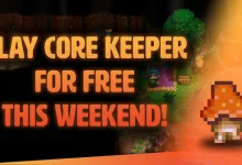 Pixel-art Core Keeper characters and an orange mushroom appear beside a free-weekend message.
