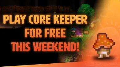 Pixel-art Core Keeper characters and an orange mushroom appear beside a free-weekend message.