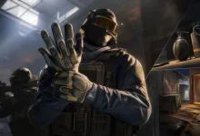 A masked tactical agent holds up a gloved hand beside a display of grenades and a warehouse interior.