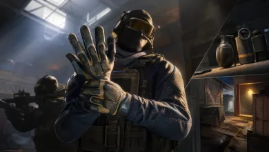A masked tactical agent holds up a gloved hand beside a display of grenades and a warehouse interior.