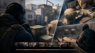 A Counter-Strike 2 round shown from several camera angles above a demo timeline.