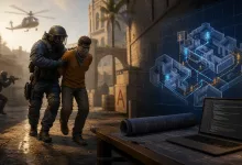 A Counter-Terrorist escorts a hostage through a stone urban map beside a glowing tactical map diagram and laptop.