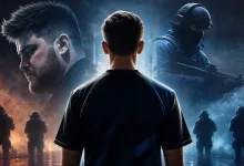 An esports player seen from behind stands between dramatic portraits and armed tactical operators in a smoky Counter-Strike-style scene.