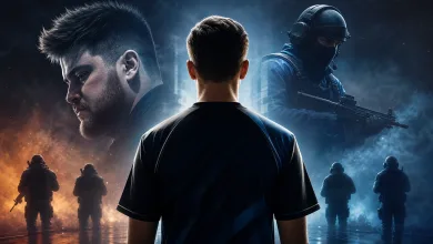 An esports player seen from behind stands between dramatic portraits and armed tactical operators in a smoky Counter-Strike-style scene.