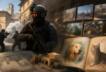 A tactical soldier stands beside map previews and an open photobook showing a dog and a cat.