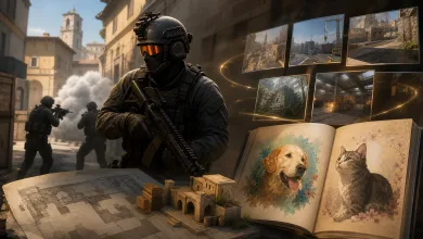 A tactical soldier stands beside map previews and an open photobook showing a dog and a cat.