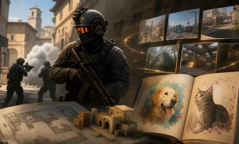 A tactical soldier stands beside map previews and an open photobook showing a dog and a cat.