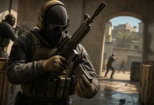 A masked tactical soldier holds a rifle and magazine in a sunlit urban combat setting.