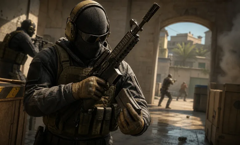A masked tactical soldier holds a rifle and magazine in a sunlit urban combat setting.