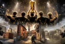 A black-and-gold esports team raises a gold trophy above a Counter-Strike 2 urban battlefield.