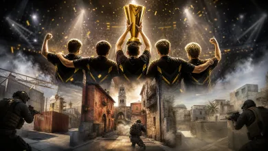 A black-and-gold esports team raises a gold trophy above a Counter-Strike 2 urban battlefield.