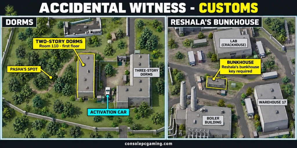 Accidental Witness Customs maps showing the two-story dorms, activation car, Pasha's wooded spot and Reshala's bunkhouse near Lab and Boiler Building.